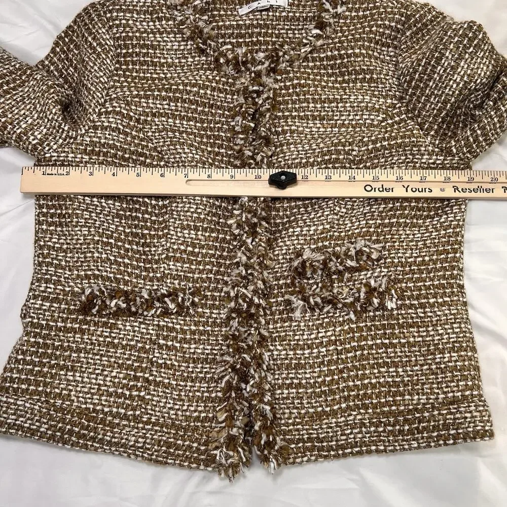 Cabi Phoebe Jacket Size M Brown White Metallic Tweed Fringe Blazer Style 343